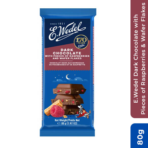 E.Wedel Dark Chocolate with Pieces of Raspberries & Wafer Flakes, 80g